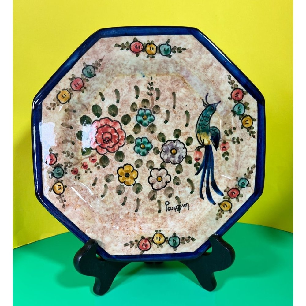 Handmade Painted Mexican Pottery Plate Artist Signed Vintage Floral Birds Clay